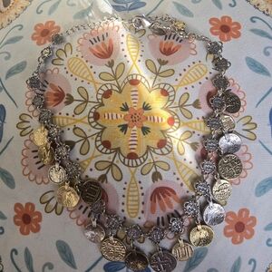 Chico's Two-Tone Gold & Silver Tone Coin Charm Necklace Boho Statement Piece